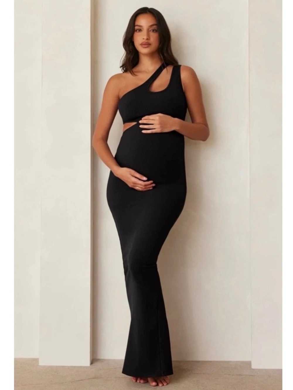 Bumpsuit Black Ribbed Cutout One Shoulder Maxi Dress Maternity S